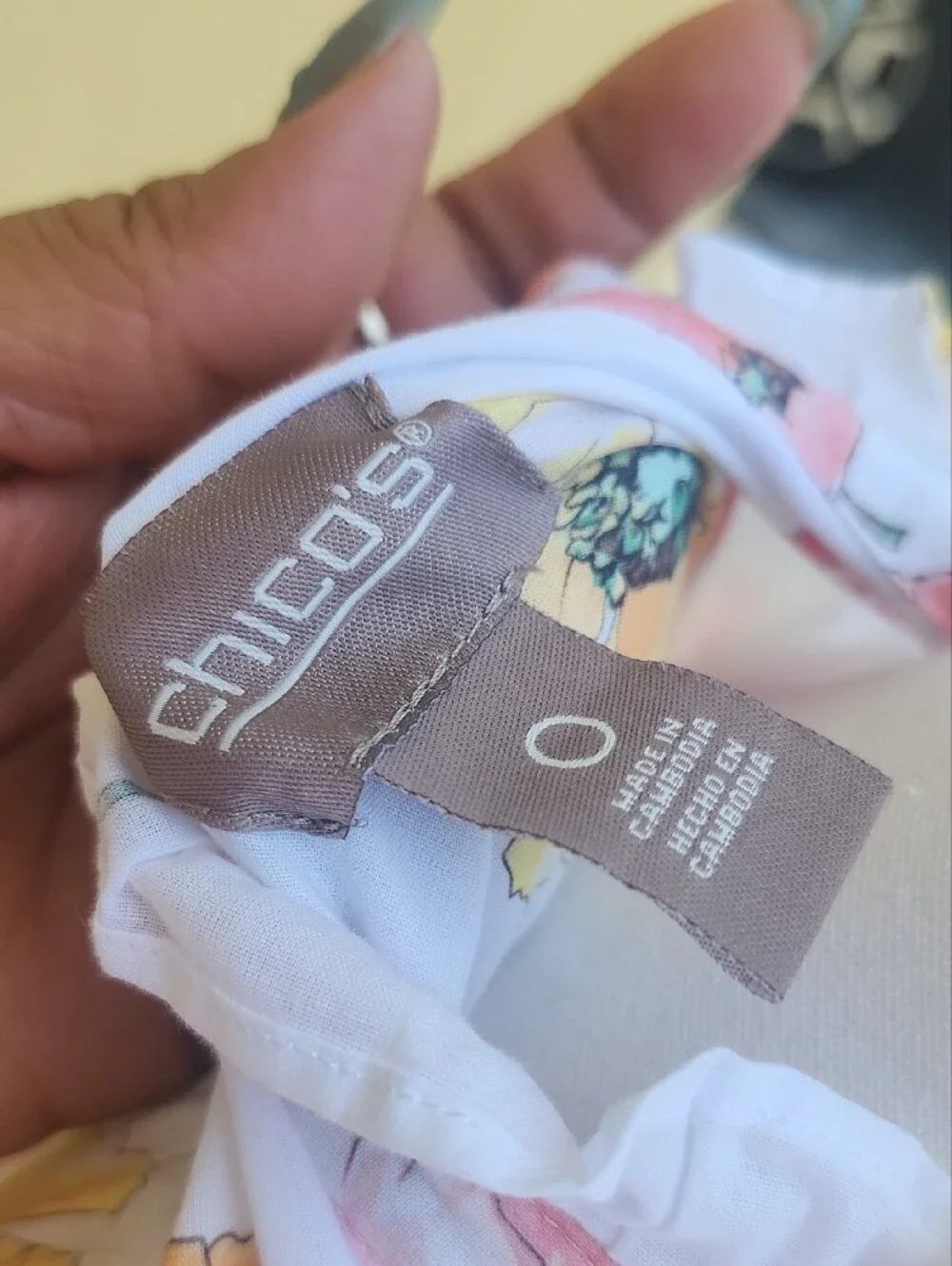 Chico's White Button-Down Shirt with Pink, Yellow & Purple Floral Print